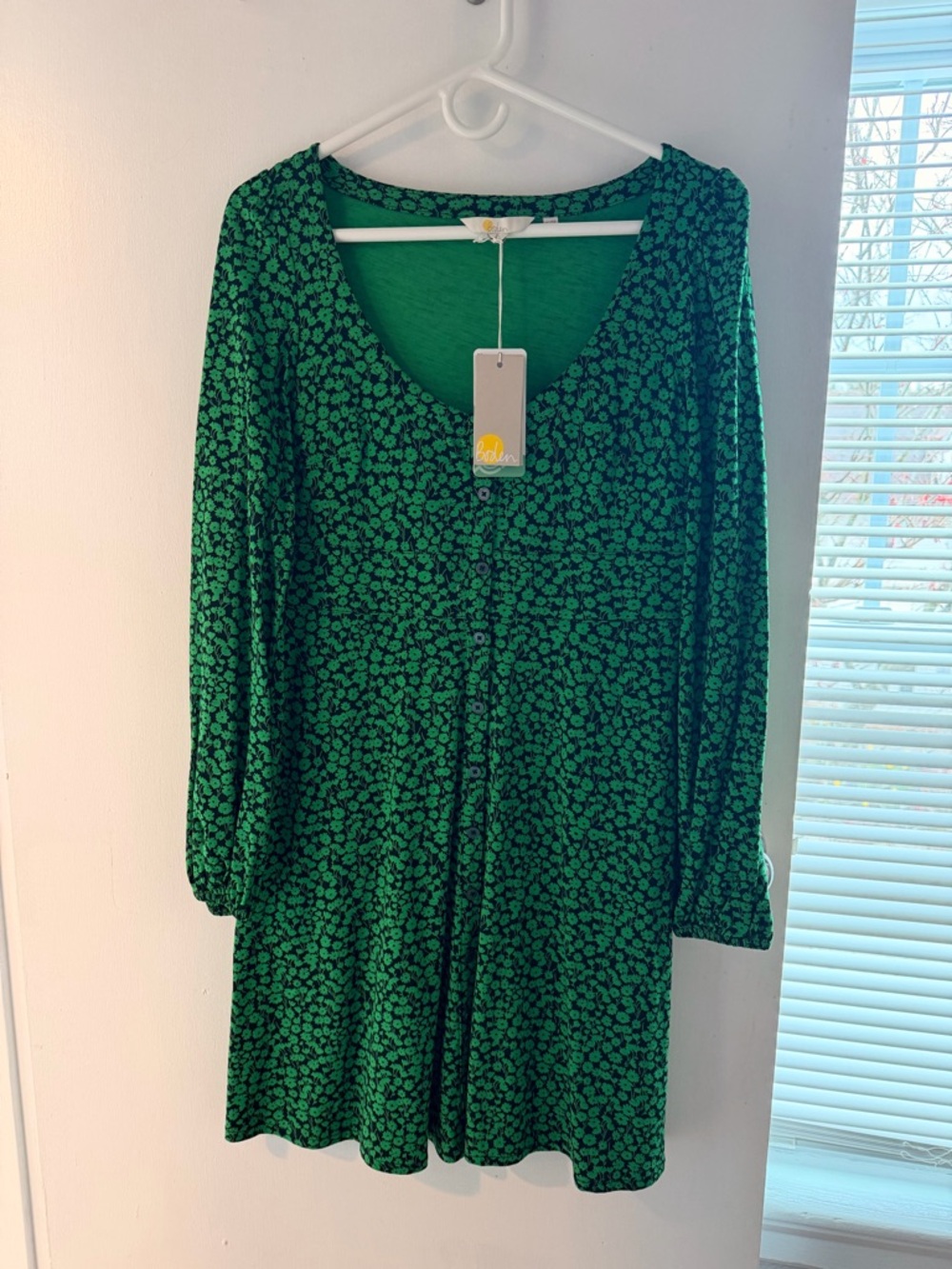 Boden Green and Navy Floral Buttoned ScoopNeck Cotton Short Dress Size 6